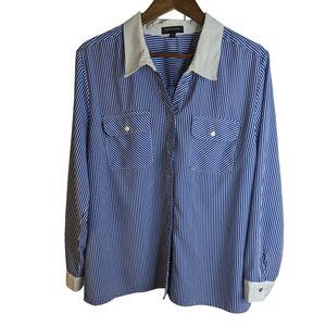 Notations Women's Blue & White Stripe Button Down Blouse Classic Preppy sz XL